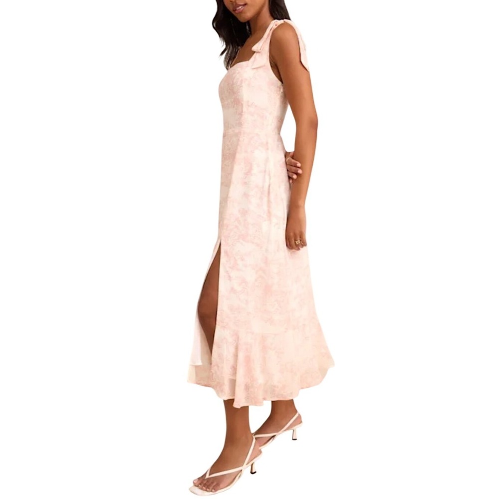 NWT Lulus Summer Invite Pink White Toile Tie-Strap Tiered Midi Dress L Party